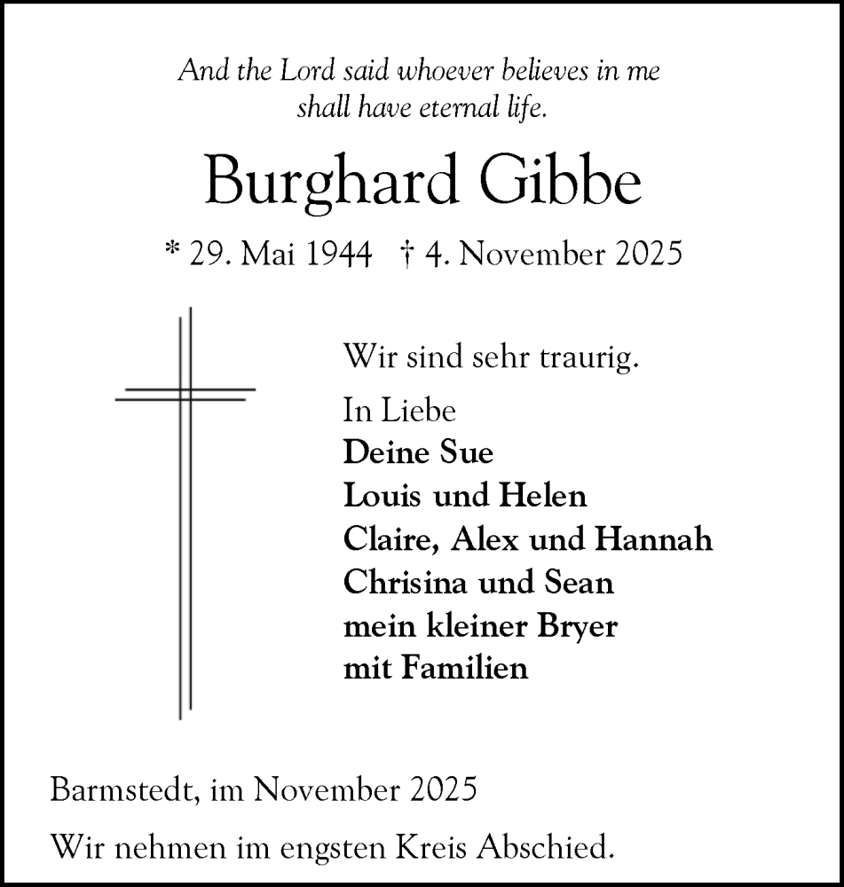  Traueranzeige für Burghard Gibbe vom 22.11.2025 aus Elmshorner Nachrichten, Barmstedter Zeitung
