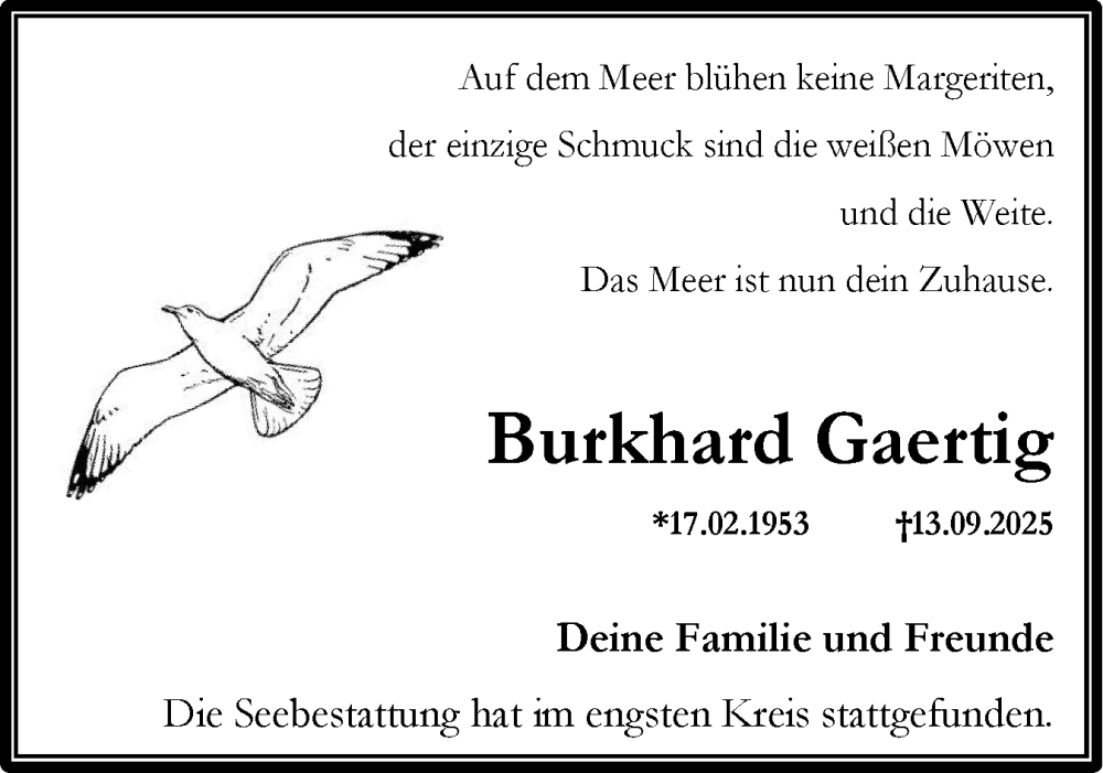  Traueranzeige für Burkhard Gaertig vom 08.11.2025 aus Holsteinischer Courier