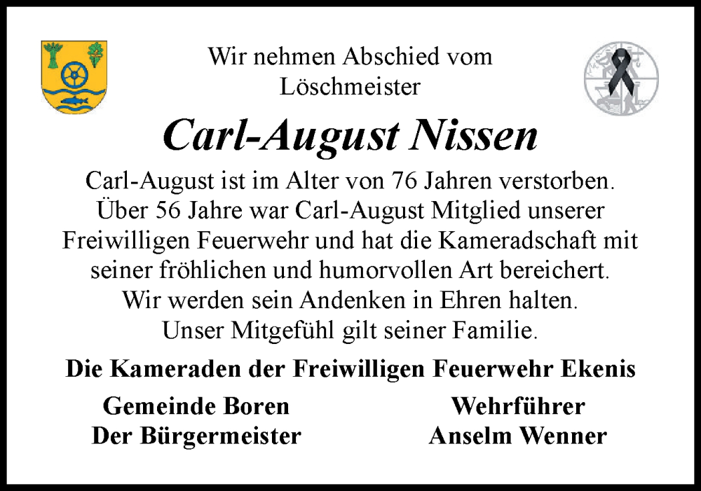  Traueranzeige für Carl-August Nissen vom 26.11.2025 aus Schleswiger Nachrichten, Schlei-Bote