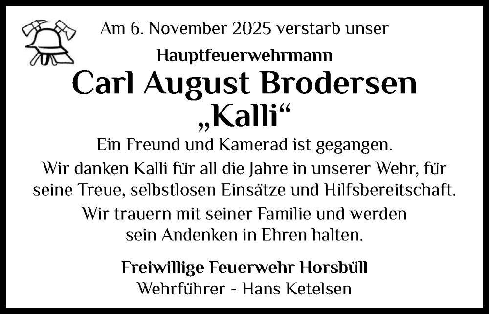  Traueranzeige für Carl August Brodersen vom 14.11.2025 aus Husumer Nachrichten, Nordfriesland Tageblatt