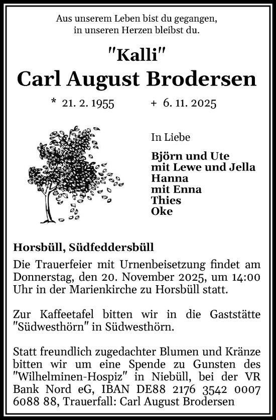 Traueranzeige von Carl August Brodersen von Husumer Nachrichten, Nordfriesland Tageblatt