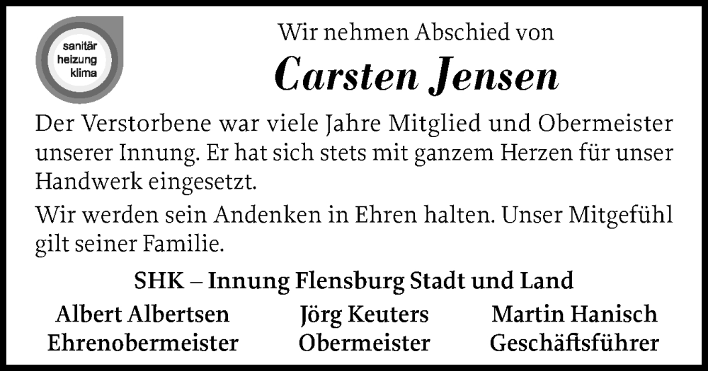  Traueranzeige für Carsten Jensen vom 15.11.2025 aus Flensburger Tageblatt, Schleswiger Nachrichten, Schlei-Bote
