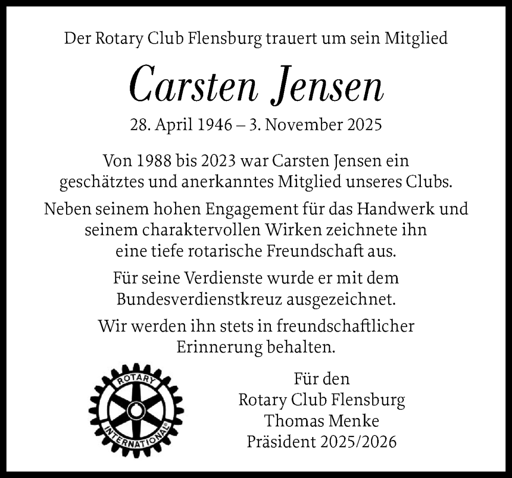  Traueranzeige für Carsten Jensen vom 14.11.2025 aus Flensburger Tageblatt