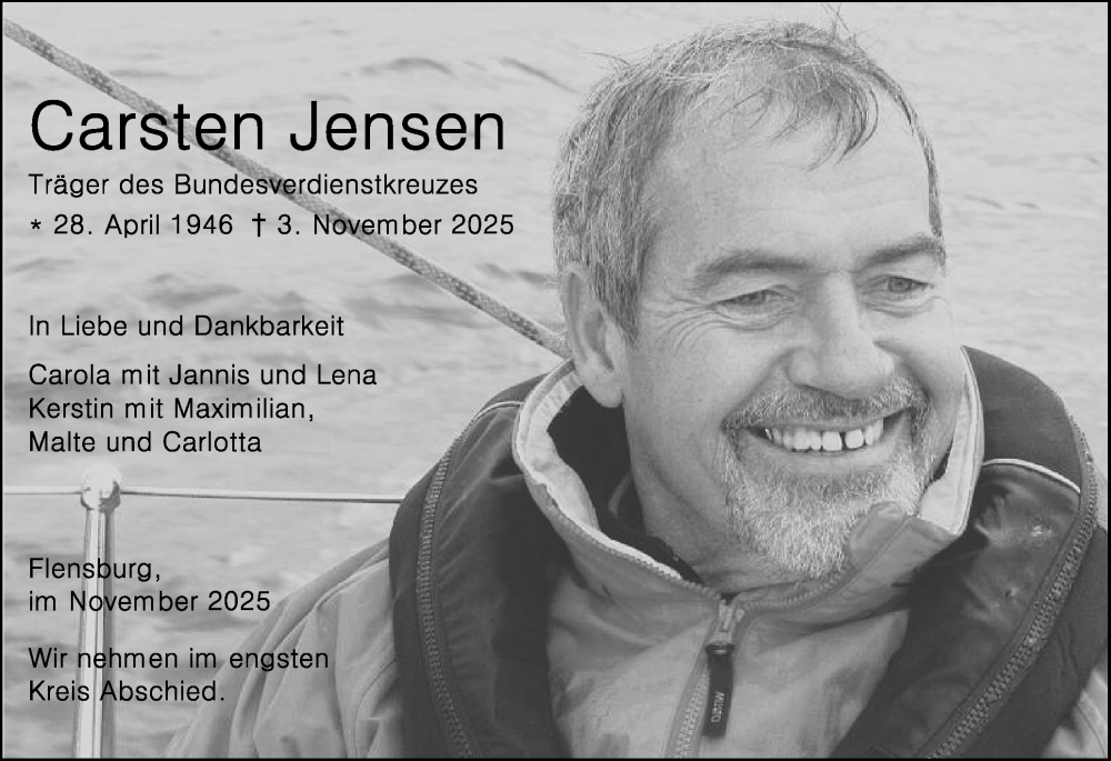  Traueranzeige für Carsten Jensen vom 08.11.2025 aus Flensburger Tageblatt
