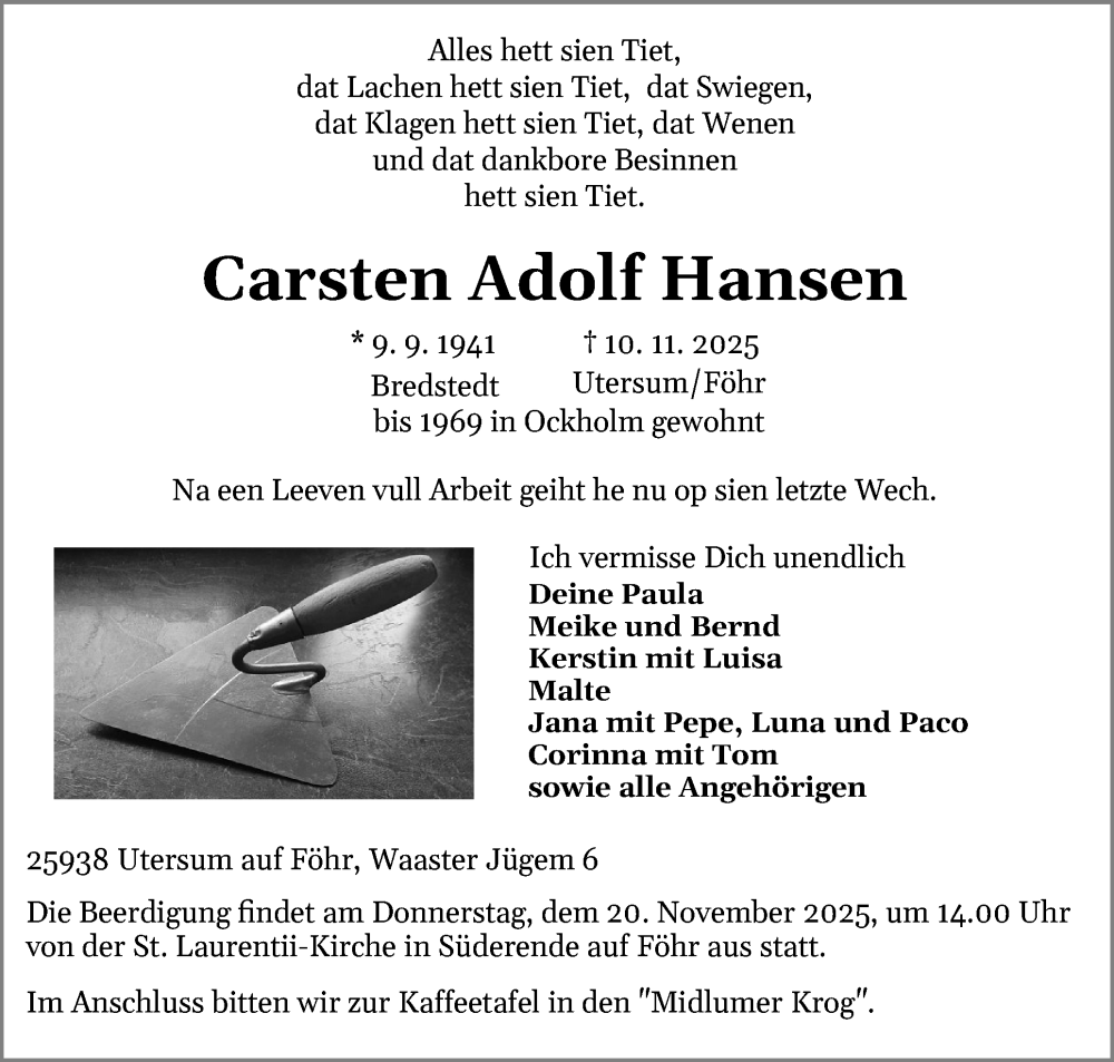  Traueranzeige für Carsten Adolf Hansen vom 15.11.2025 aus Der Insel-Bote