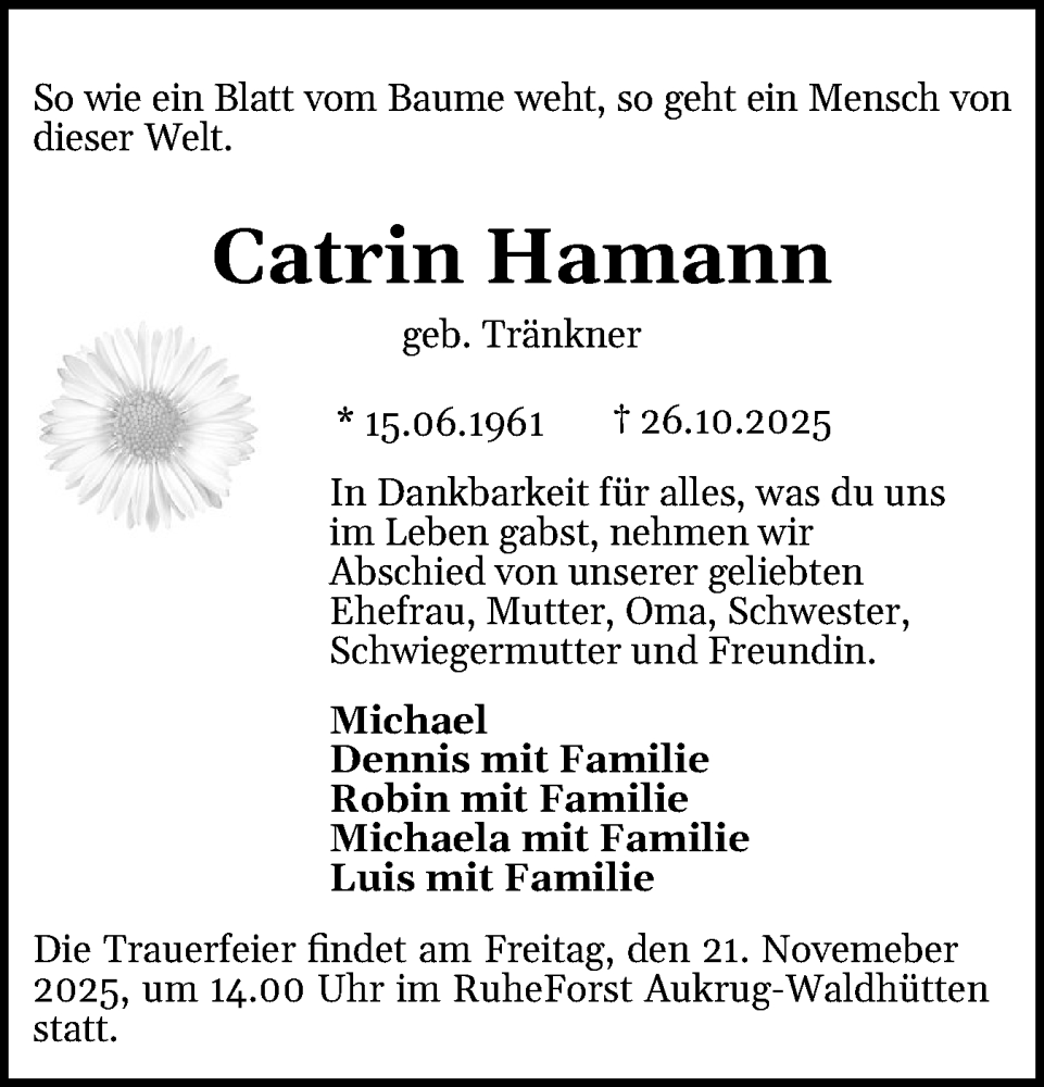  Traueranzeige für Catrin Hamann vom 08.11.2025 aus Holsteinischer Courier