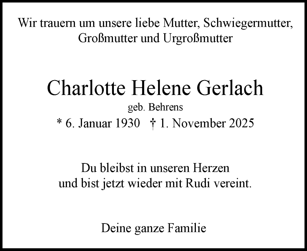  Traueranzeige für Charlotte Helene Gerlach vom 22.11.2025 aus Uetersener Nachrichten, Der tip am Wochenende