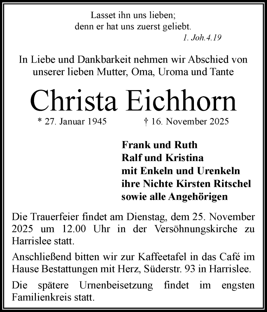  Traueranzeige für Christa Eichhorn vom 22.11.2025 aus Flensburger Tageblatt