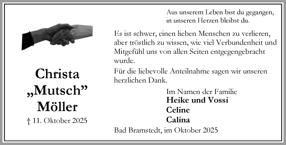  Traueranzeige für Christa Möller vom 08.11.2025 aus Umschau