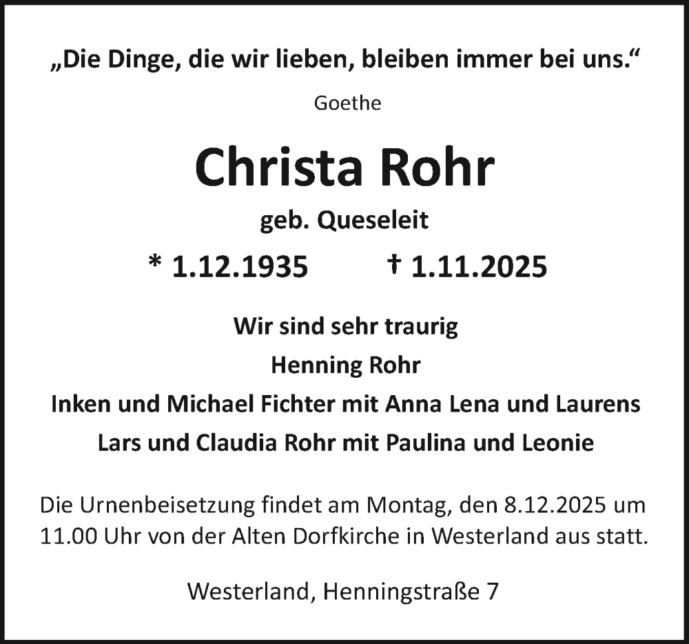  Traueranzeige für Christa Rohr vom 29.11.2025 aus Sylter Rundschau