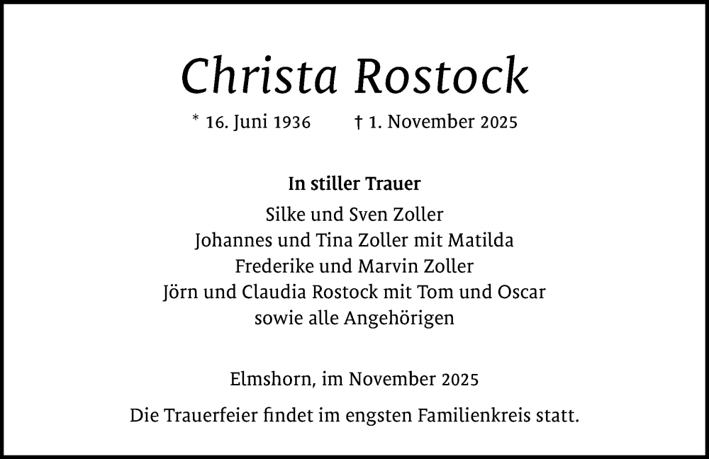  Traueranzeige für Christa Rostock vom 08.11.2025 aus Elmshorner Nachrichten, Barmstedter Zeitung