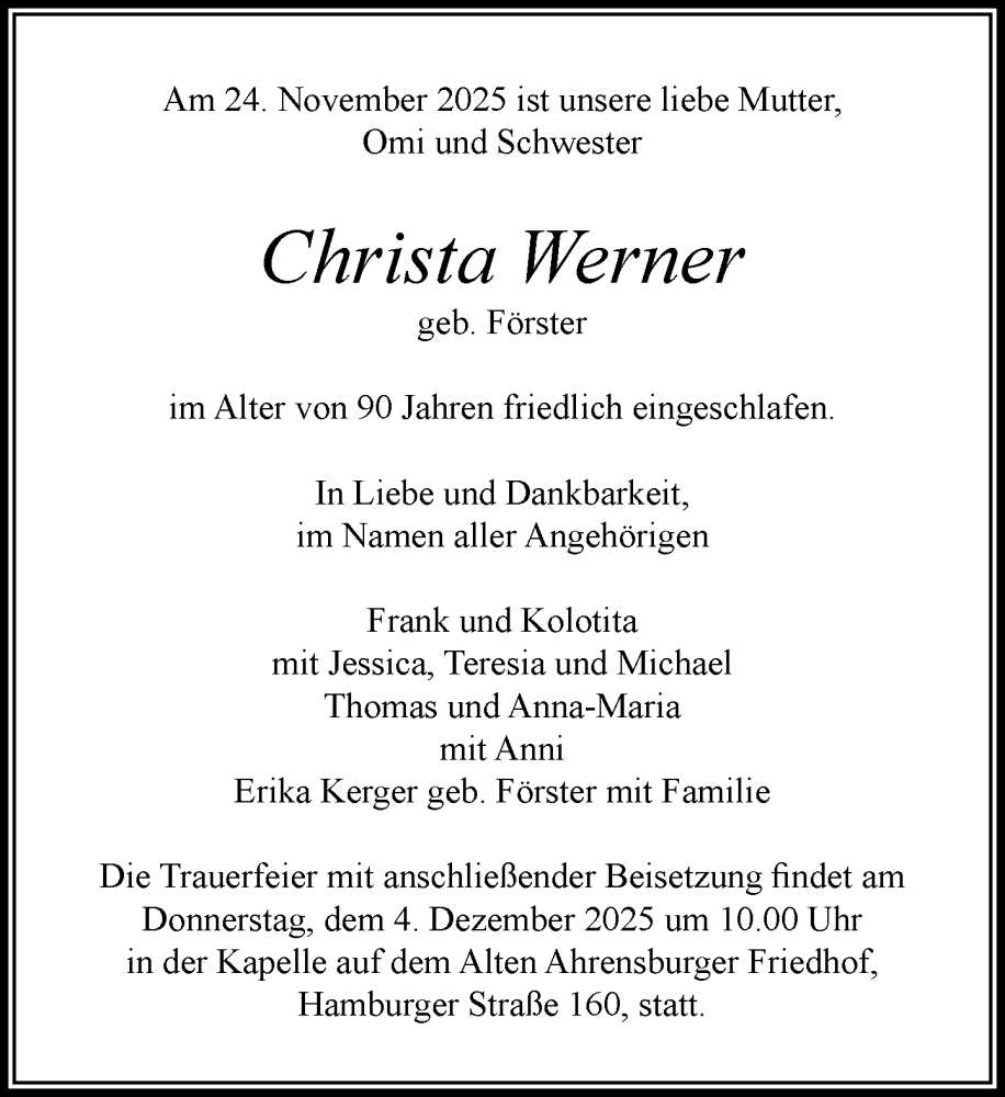  Traueranzeige für Christa Werner vom 29.11.2025 aus MARKT Ahrensburg/Bargteheide/Trittau und Stormarner Tageblatt