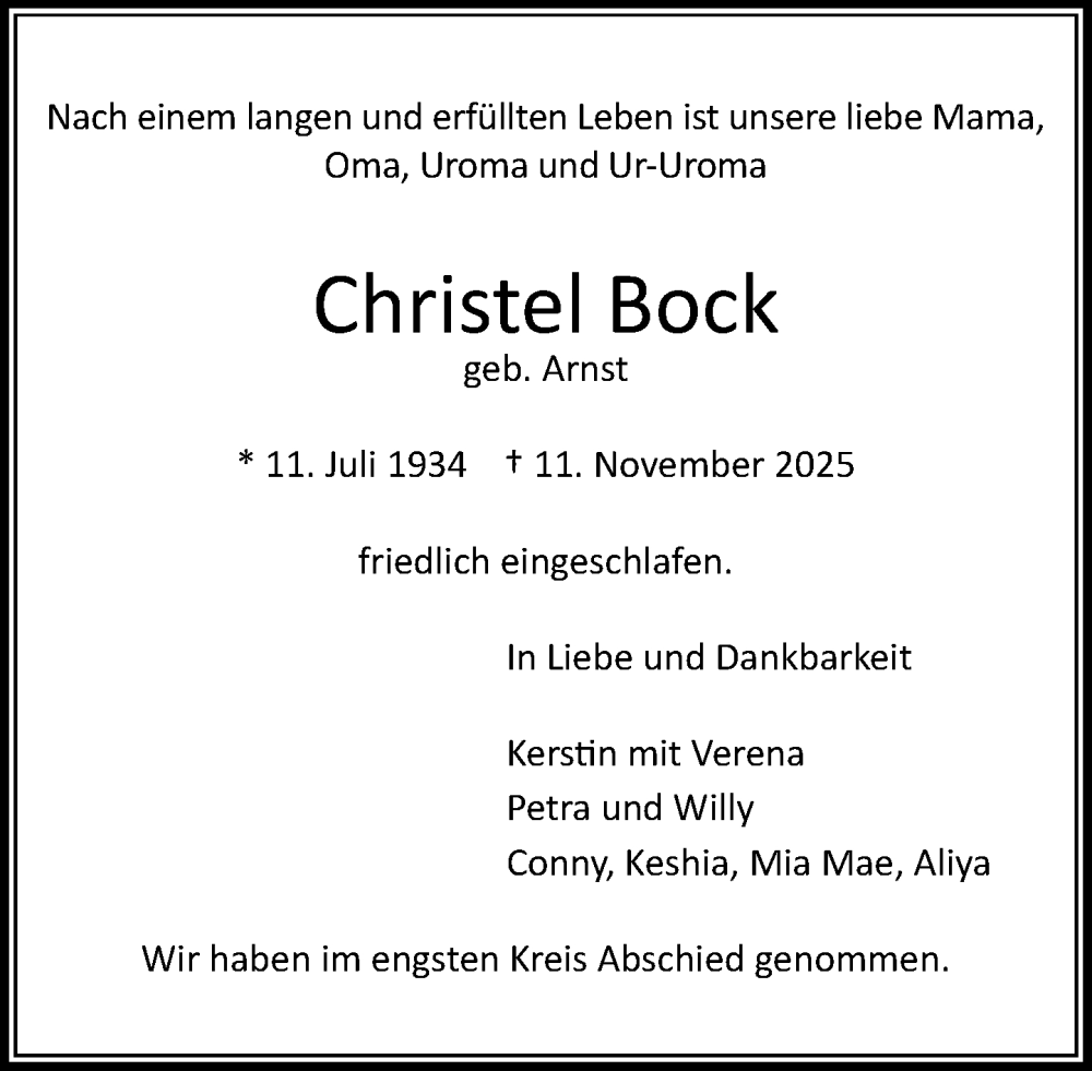  Traueranzeige für Christel Bock vom 22.11.2025 aus MARKT Ahrensburg/Bargteheide/Trittau und Stormarner Tageblatt