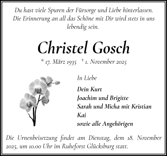 Traueranzeige von Christel Gosch von Flensburger Tageblatt