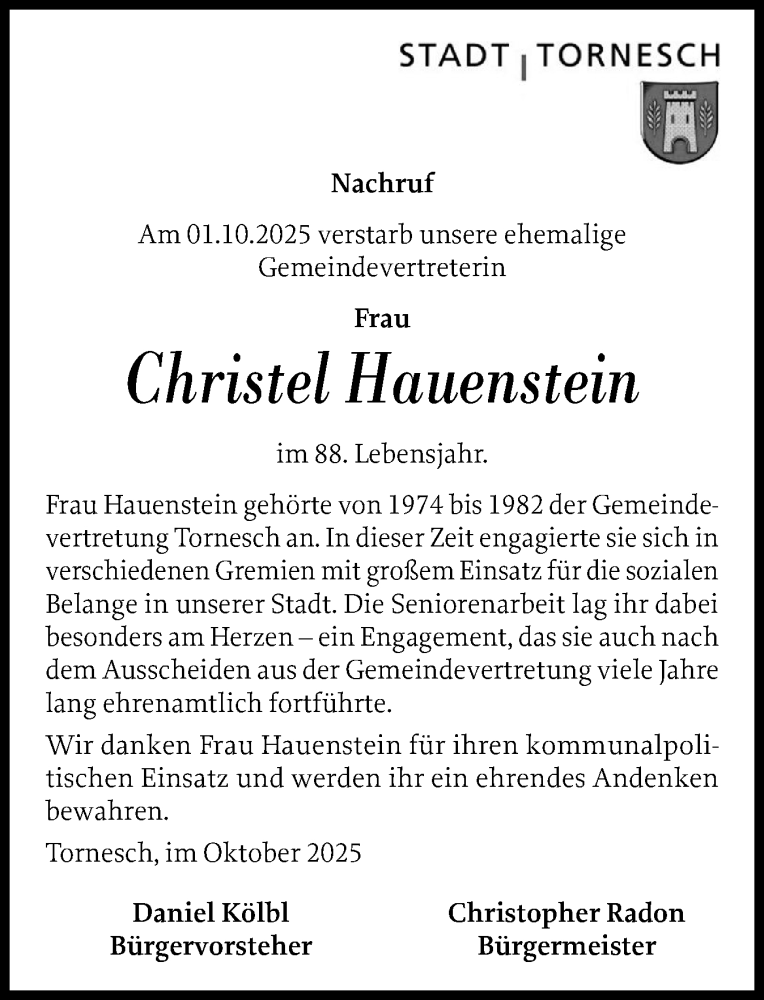  Traueranzeige für Christel Hauenstein vom 08.11.2025 aus Uetersener Nachrichten, Der tip am Wochenende
