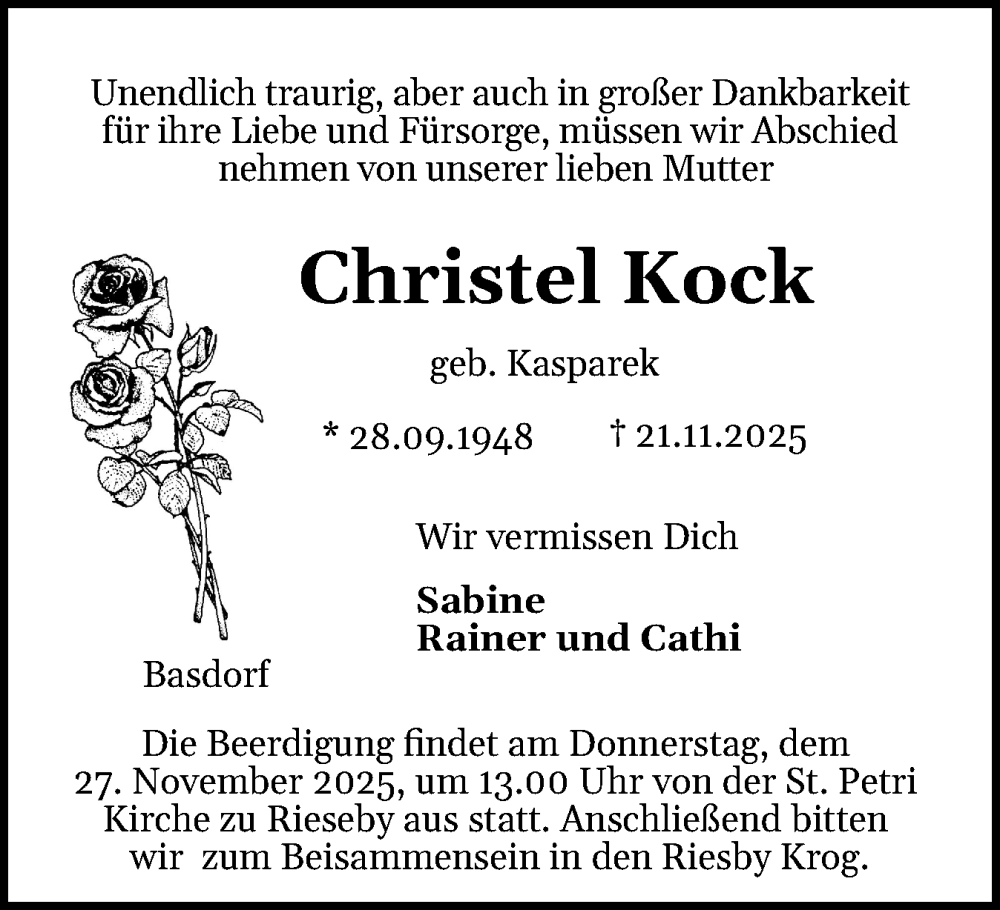  Traueranzeige für Christel Kock vom 29.11.2025 aus Eckernförder Zeitung, Hallo Eckernförde