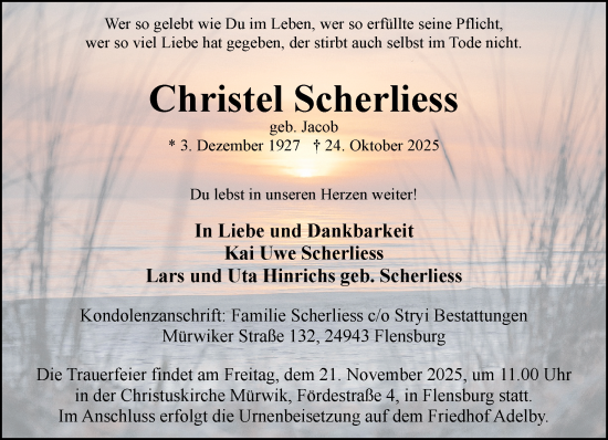 Traueranzeige von Christel Scherliess von Flensburger Tageblatt