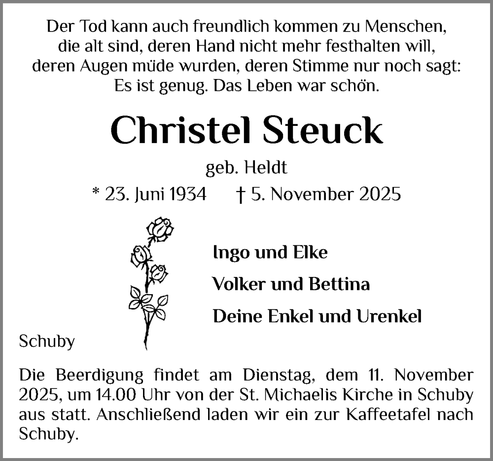  Traueranzeige für Christel Steuck vom 08.11.2025 aus Schleswiger Nachrichten, Schlei-Bote