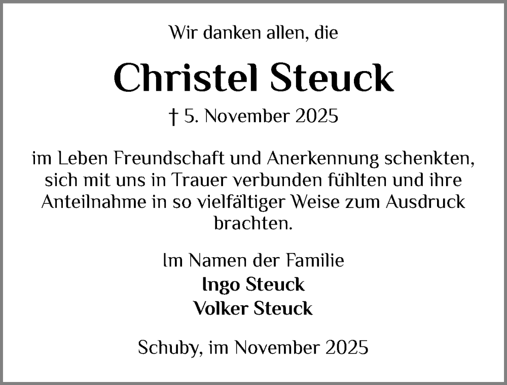  Traueranzeige für Christel Steuck vom 29.11.2025 aus Schleswiger Nachrichten, Schlei-Bote