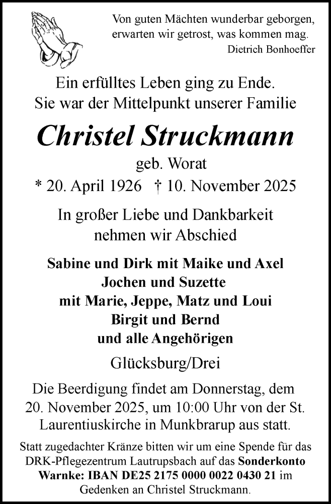  Traueranzeige für Christel Struckmann vom 15.11.2025 aus Flensburger Tageblatt