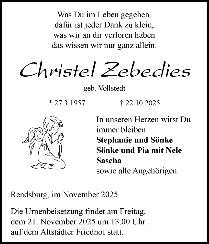  Traueranzeige für Christel Zebedies vom 15.11.2025 aus Schleswig-Holsteinische Landeszeitung