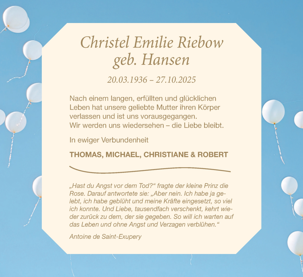  Traueranzeige für Christel Emilie Riebow vom 08.11.2025 aus Schleswiger Nachrichten, Schlei-Bote