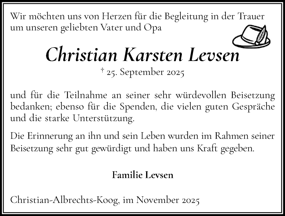  Traueranzeige für Christian Karsten Levsen vom 15.11.2025 aus Husumer Nachrichten, Nordfriesland Tageblatt