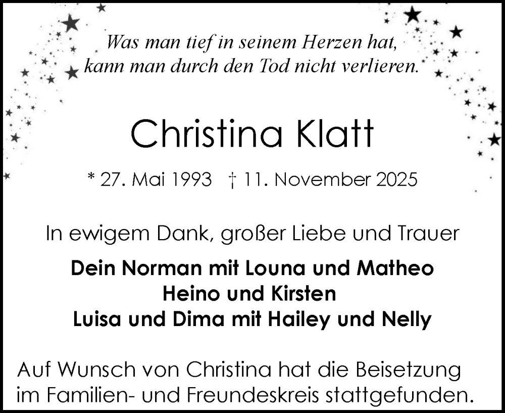  Traueranzeige für Christina Klatt vom 29.11.2025 aus Schleswig-Holsteinische Landeszeitung