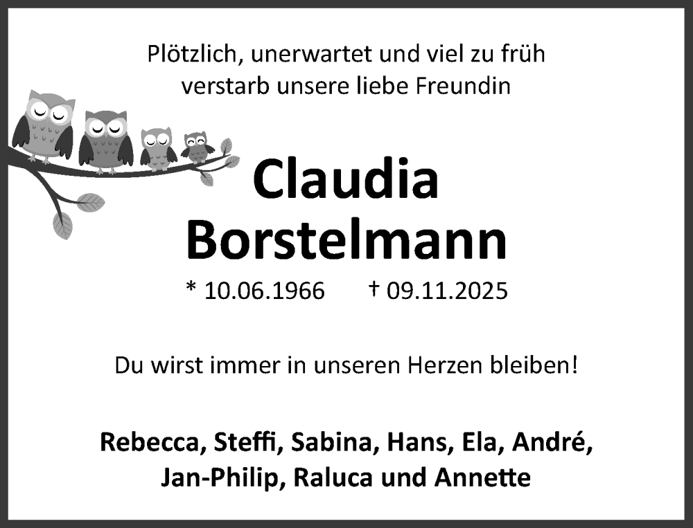  Traueranzeige für Claudia Borstelmann vom 29.11.2025 aus Umschau