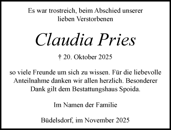 Traueranzeige von Claudia Pries von Schleswig-Holsteinische Landeszeitung