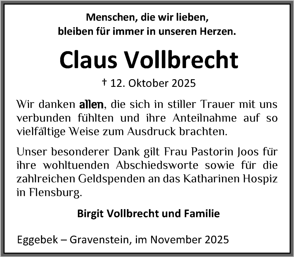 Traueranzeige für Claus Vollbrecht vom 08.11.2025 aus Flensburger Tageblatt, Schleswiger Nachrichten, Schlei-Bote