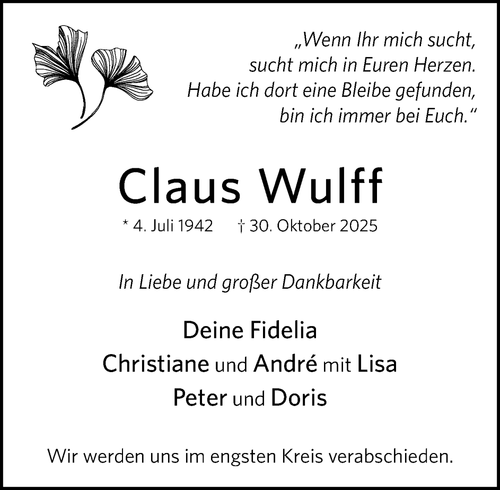  Traueranzeige für Claus Wulff vom 15.11.2025 aus Wochenend Anzeiger