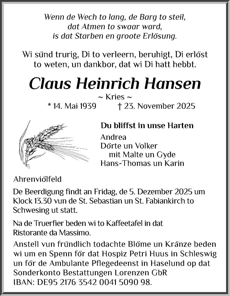  Traueranzeige für Claus Heinrich Hansen vom 29.11.2025 aus Husumer Nachrichten, Nordfriesland Tageblatt