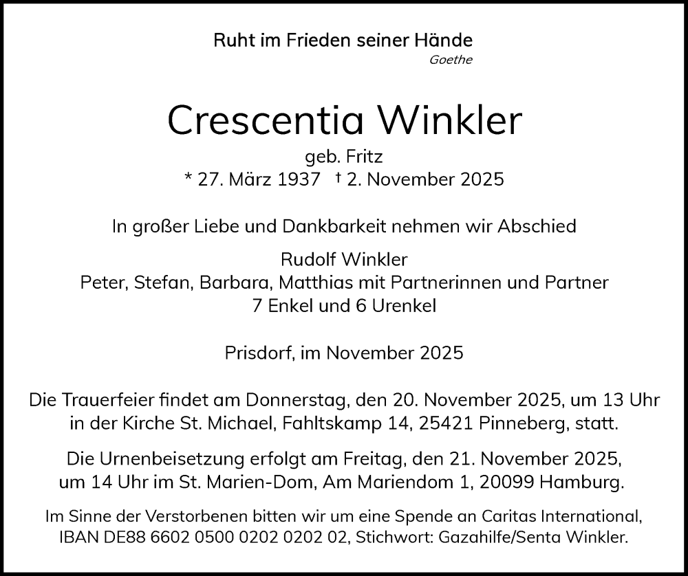  Traueranzeige für Crescentia Winkler vom 15.11.2025 aus Region Pinneberg und tip Pinneberg