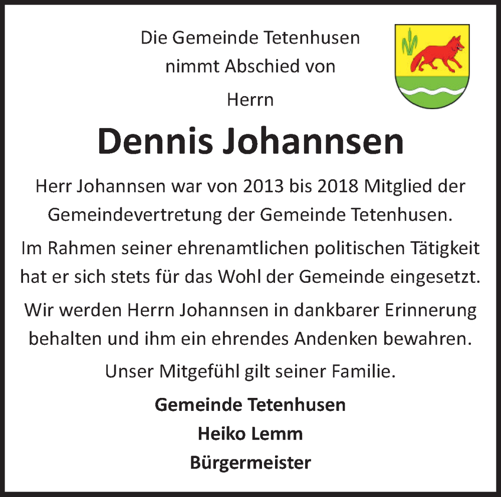  Traueranzeige für Dennis Johannsen vom 29.11.2025 aus Schleswig-Holsteinische Landeszeitung
