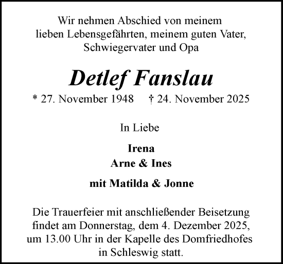 Traueranzeige von Detlef Fanslau von Flensburger Tageblatt