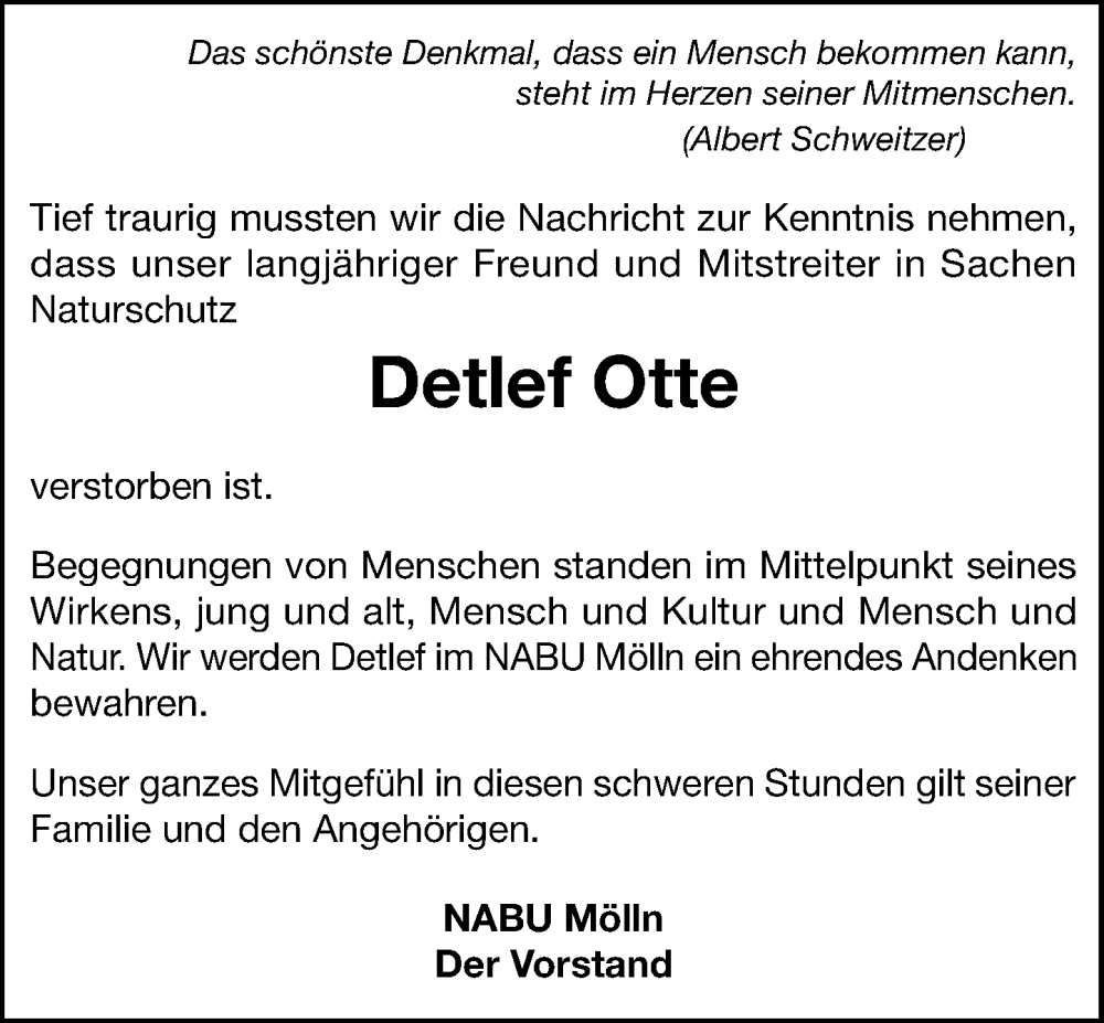 Traueranzeige für Detlef Otte vom 15.11.2025 aus MARKT Ratzeburg/Mölln