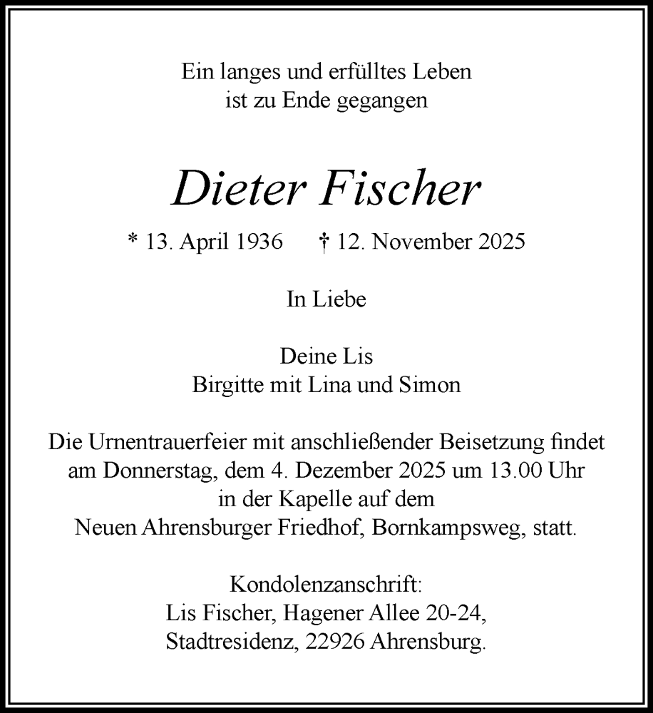  Traueranzeige für Dieter Fischer vom 29.11.2025 aus MARKT Ahrensburg/Bargteheide/Trittau und Stormarner Tageblatt