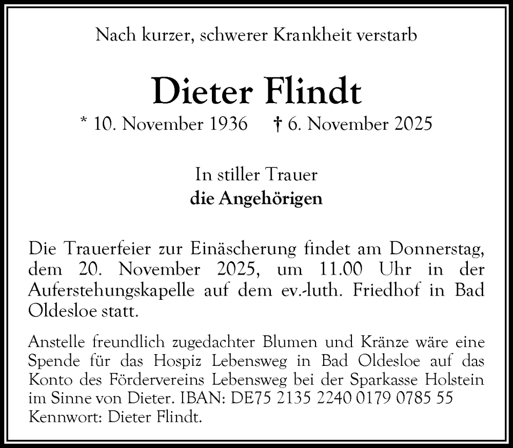  Traueranzeige für Dieter Flindt vom 15.11.2025 aus MARKT Bad Oldesloe/Reinfeld und Stormarner Tageblatt