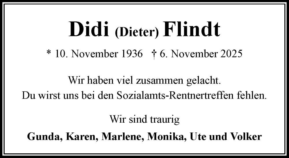  Traueranzeige für Dieter Flindt vom 22.11.2025 aus MARKT Bad Oldesloe/Reinfeld und Stormarner Tageblatt