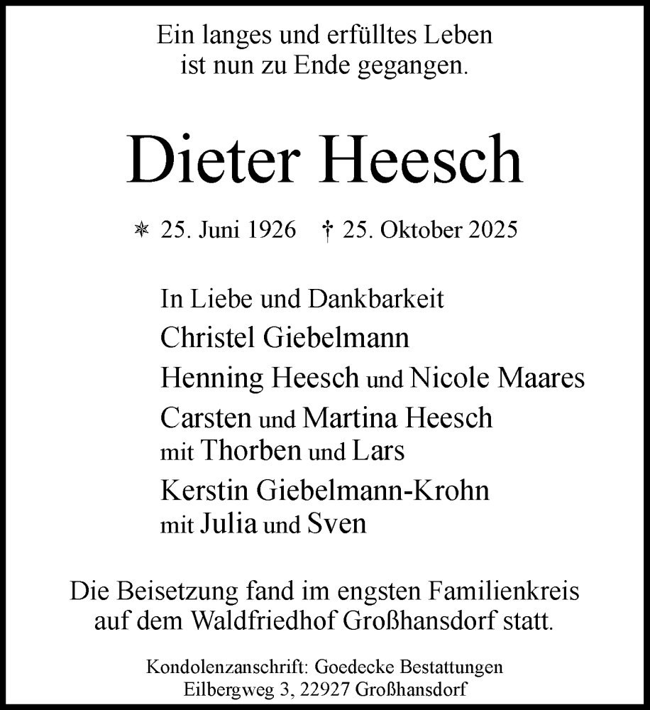  Traueranzeige für Dieter Heesch vom 15.11.2025 aus MARKT Ahrensburg/Bargteheide/Trittau und Stormarner Tageblatt