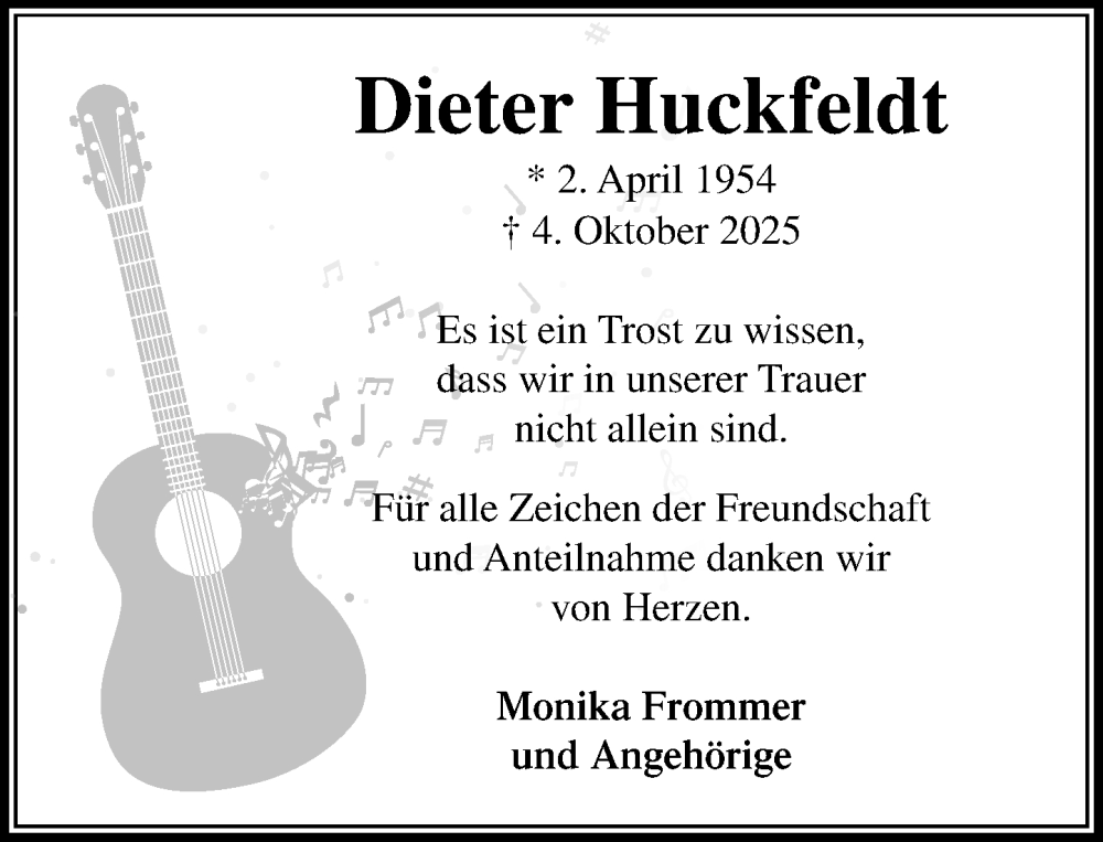  Traueranzeige für Dieter Huckfeldt vom 15.11.2025 aus Umschau
