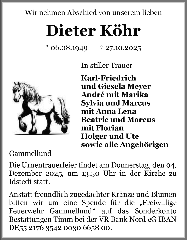 Traueranzeige für Dieter Köhr vom 22.11.2025 aus Schleswiger Nachrichten, Schlei-Bote