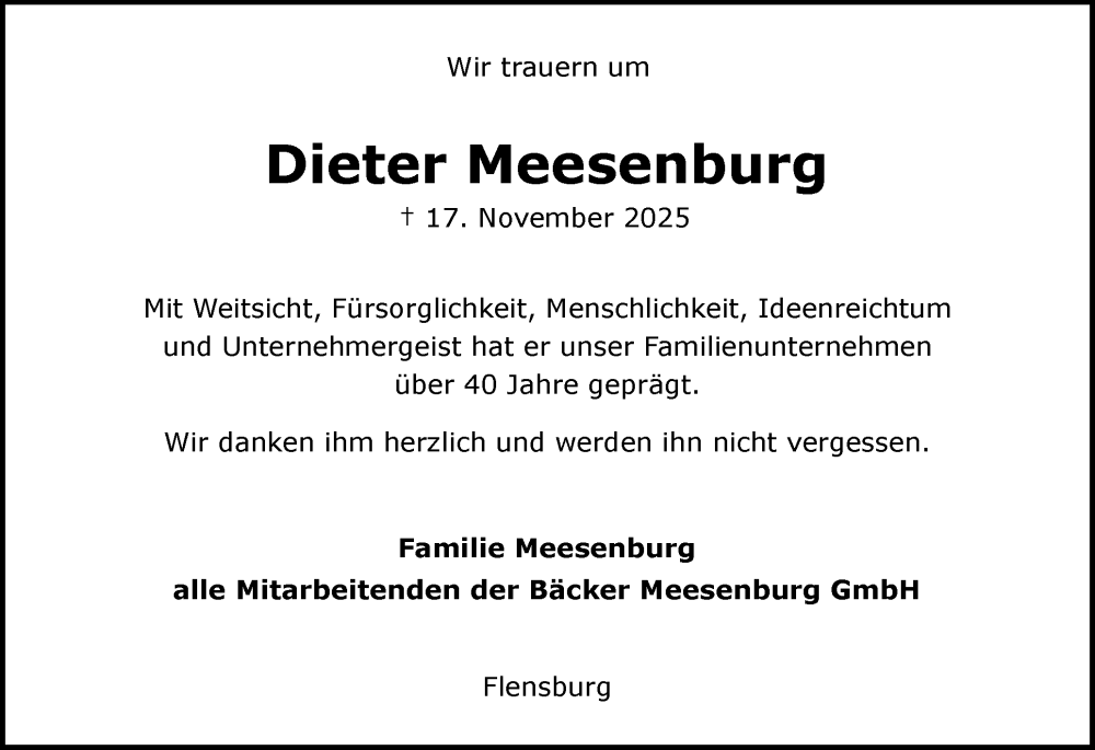  Traueranzeige für Dieter Meesenburg vom 22.11.2025 aus Flensburger Tageblatt