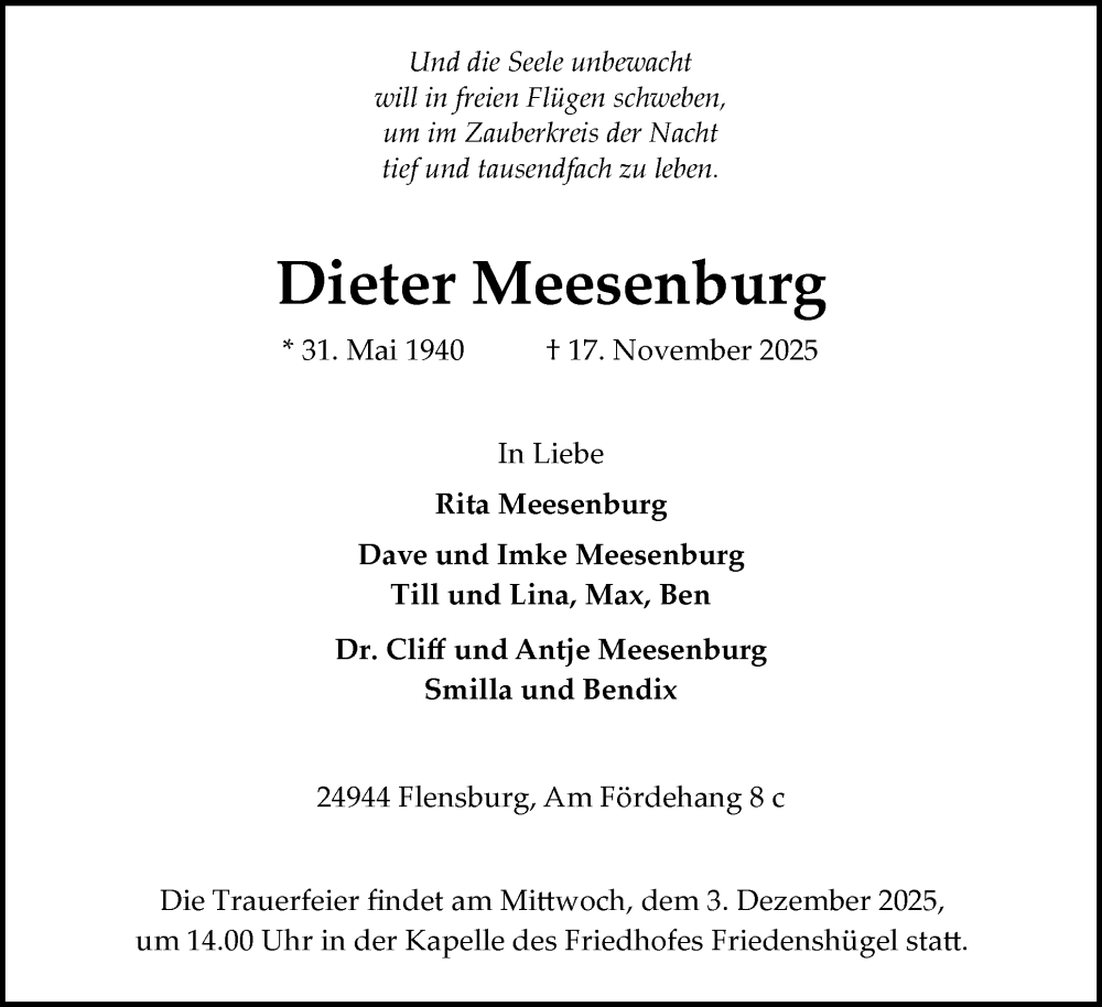  Traueranzeige für Dieter Meesenburg vom 22.11.2025 aus Flensburger Tageblatt