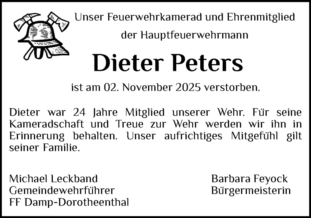  Traueranzeige für Dieter Peters vom 22.11.2025 aus Eckernförder Zeitung, Hallo Eckernförde