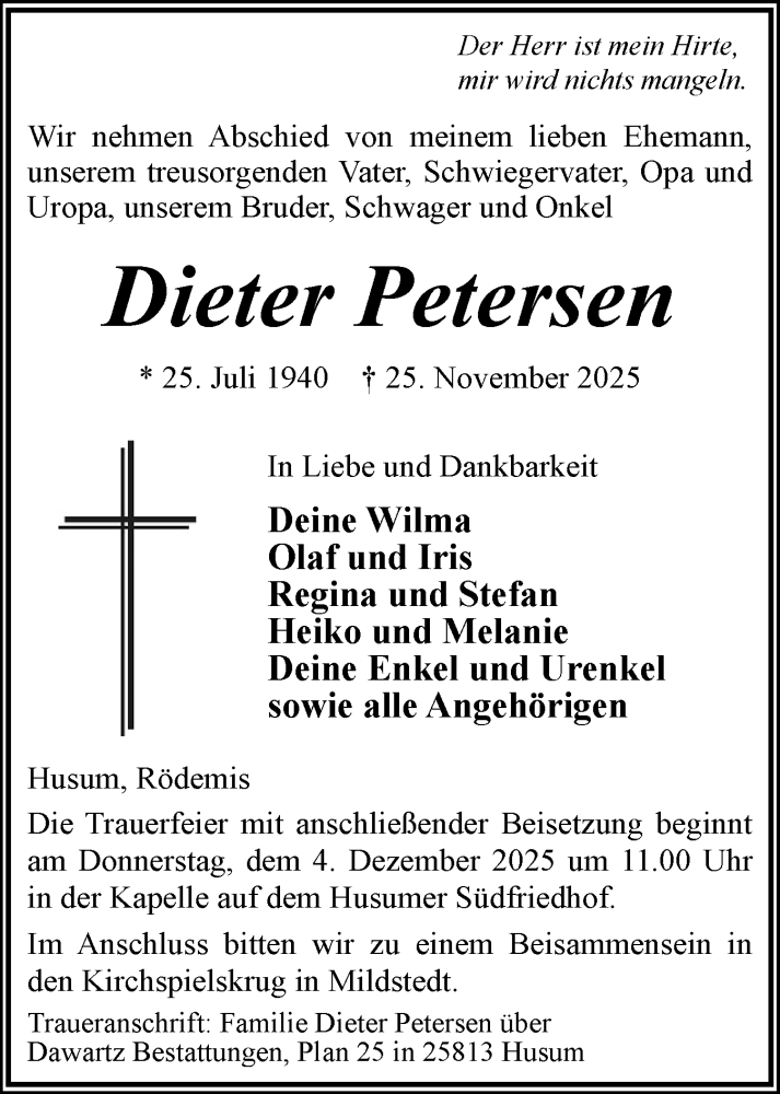  Traueranzeige für Dieter Petersen vom 29.11.2025 aus Husumer Nachrichten, Nordfriesland Tageblatt