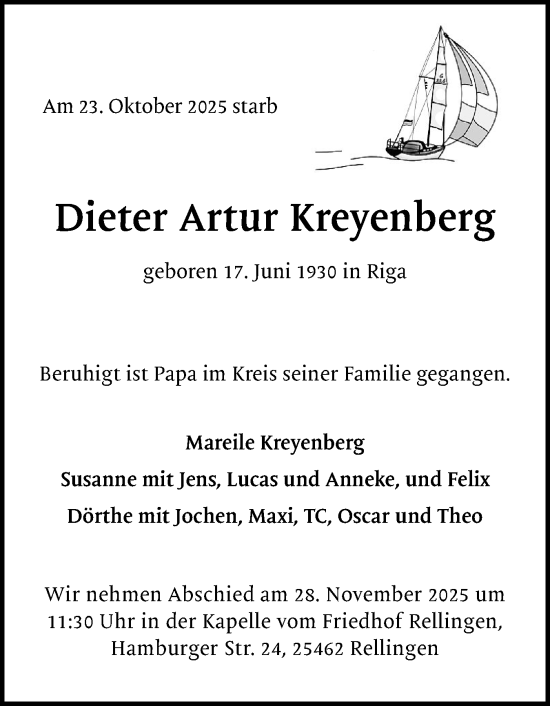 Traueranzeige von Dieter Artur Kreyenberg von Region Pinneberg und tip Pinneberg