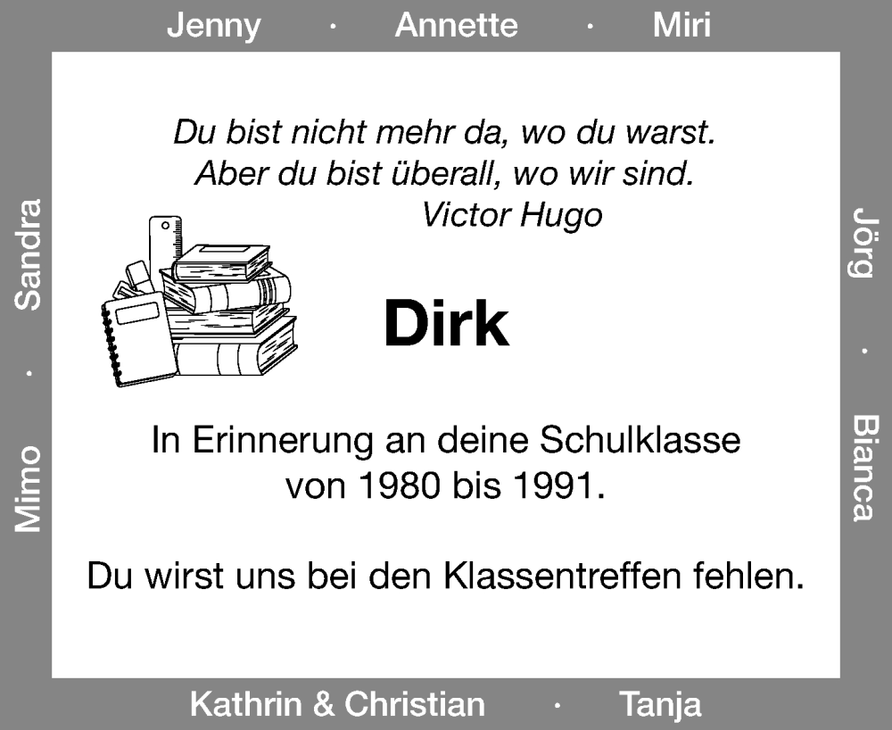  Traueranzeige für Dirk  vom 08.11.2025 aus MARKT Ratzeburg/Mölln