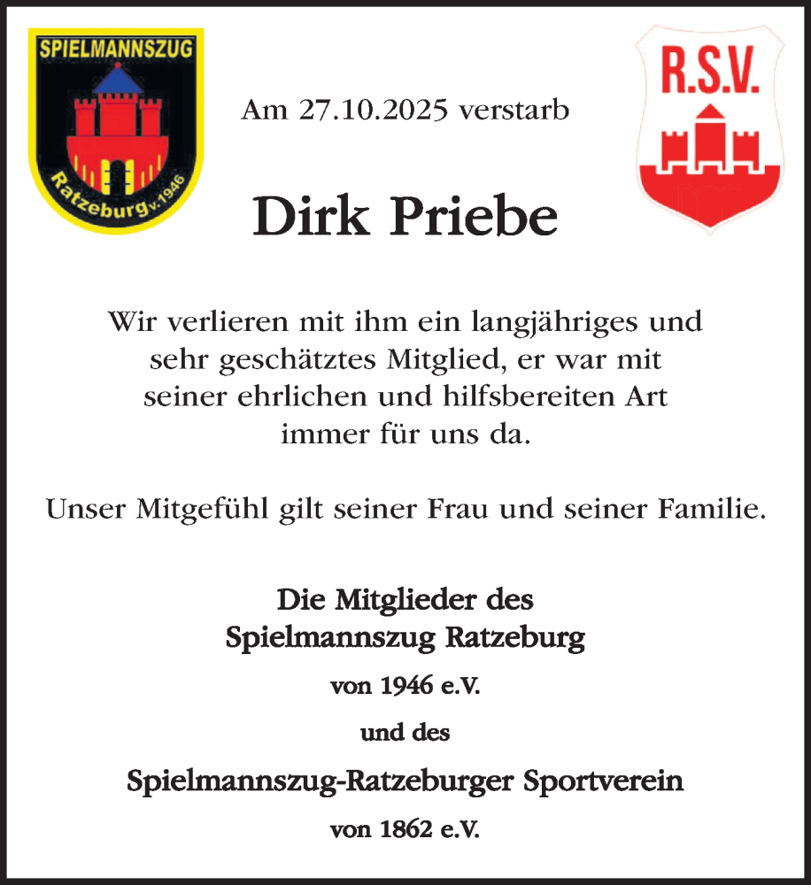  Traueranzeige für Dirk Priebe vom 08.11.2025 aus MARKT Ratzeburg/Mölln